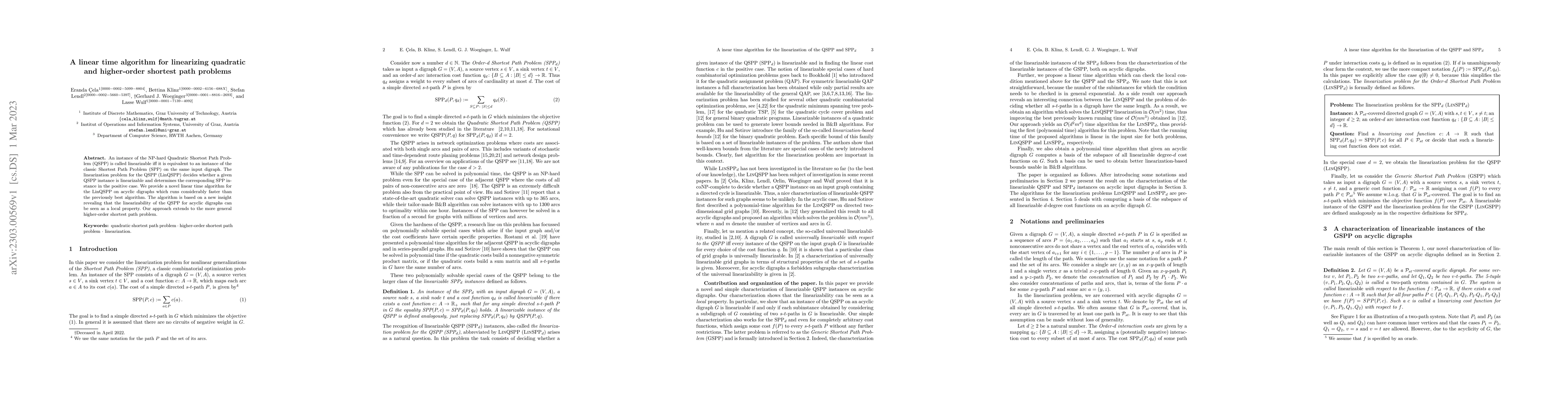 Thumbnail for A linear time algorithm for linearizing quadratic and higher-order
  shortest path problems