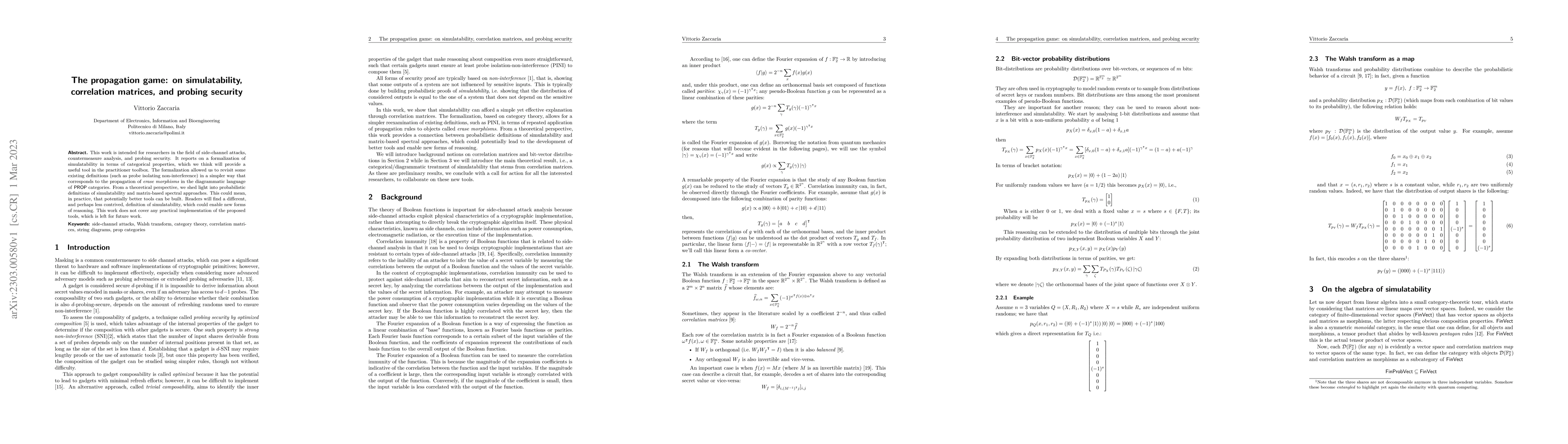 Thumbnail for The propagation game: on simulatability, correlation matrices, and
  probing security