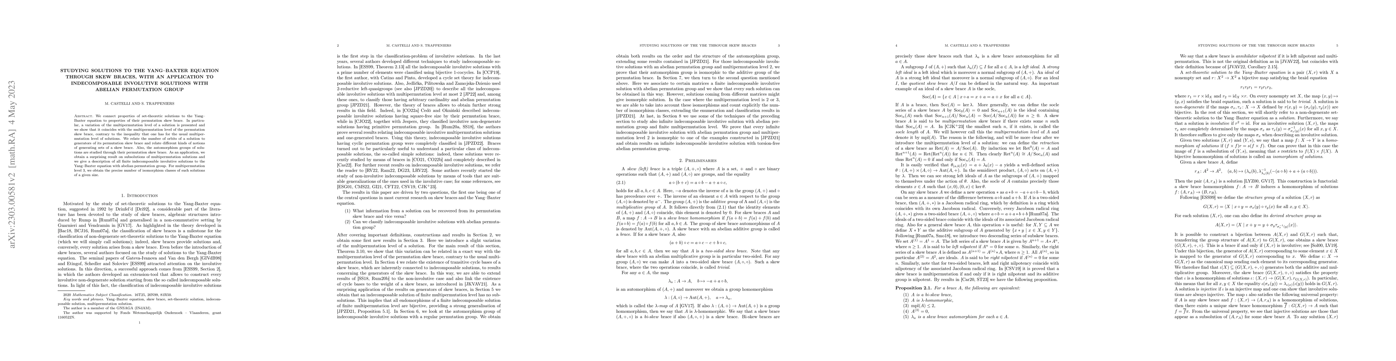 Thumbnail for Studying solutions of the Yang-Baxter equation through skew braces, with
  an application to indecomposable involutive solutions with abelian
  permutation group