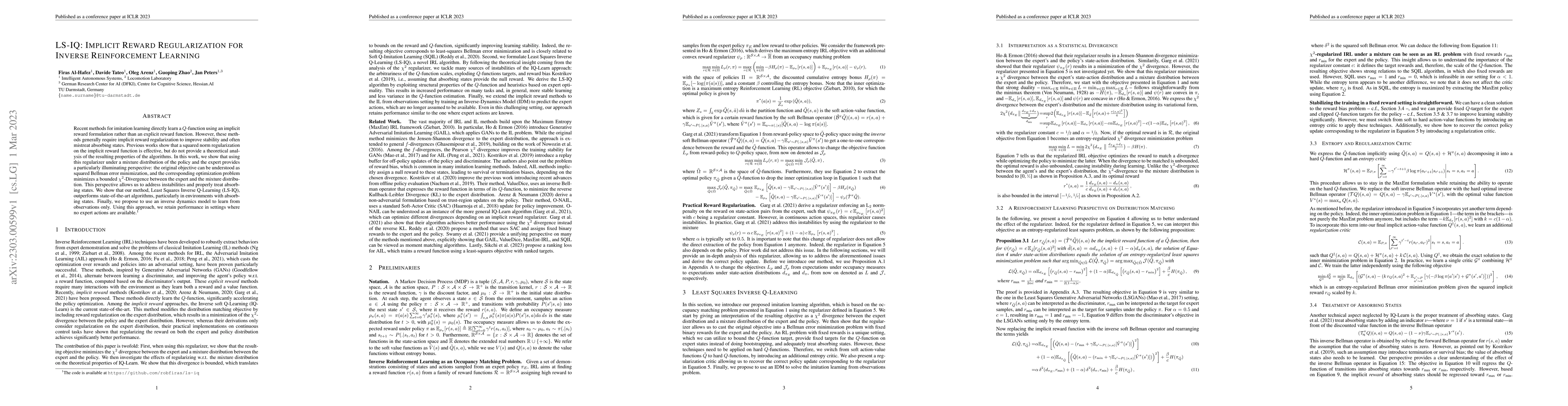 Thumbnail for LS-IQ: Implicit Reward Regularization for Inverse Reinforcement Learning