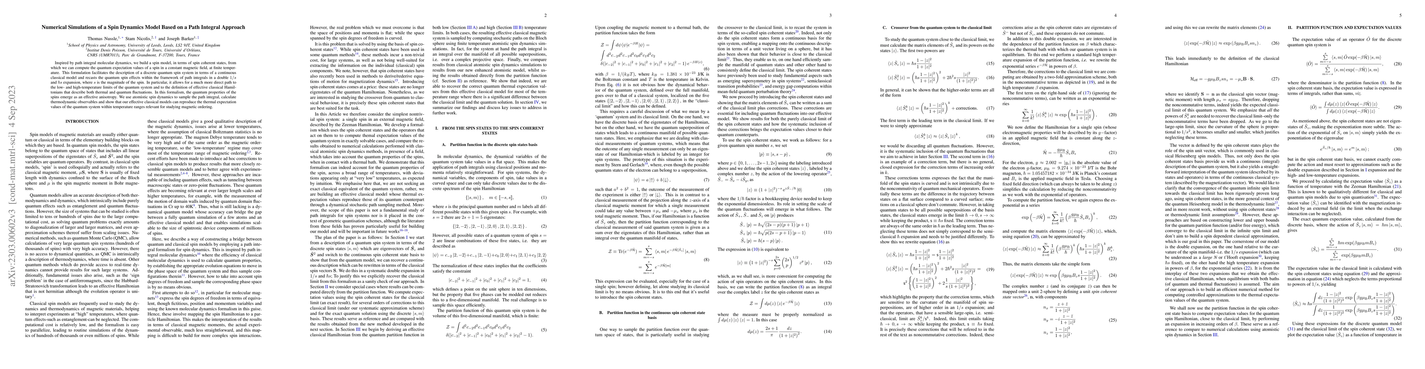 Thumbnail for Numerical Simulations of a Spin Dynamics Model Based on a Path Integral
  Approach