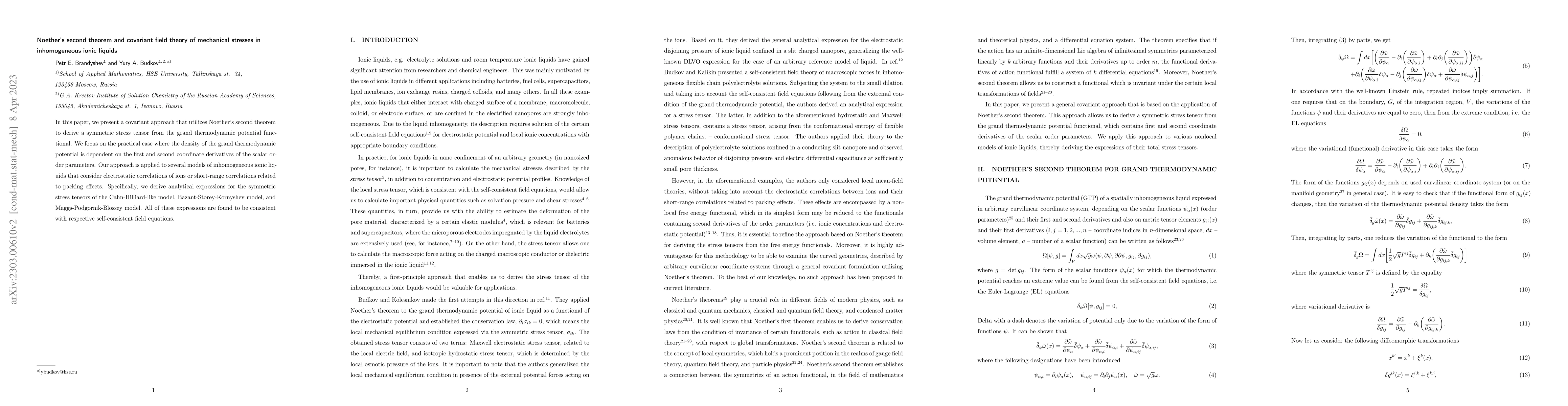 Thumbnail for Noether's second theorem and covariant field theory of mechanical
  stresses in inhomogeneous ionic liquids