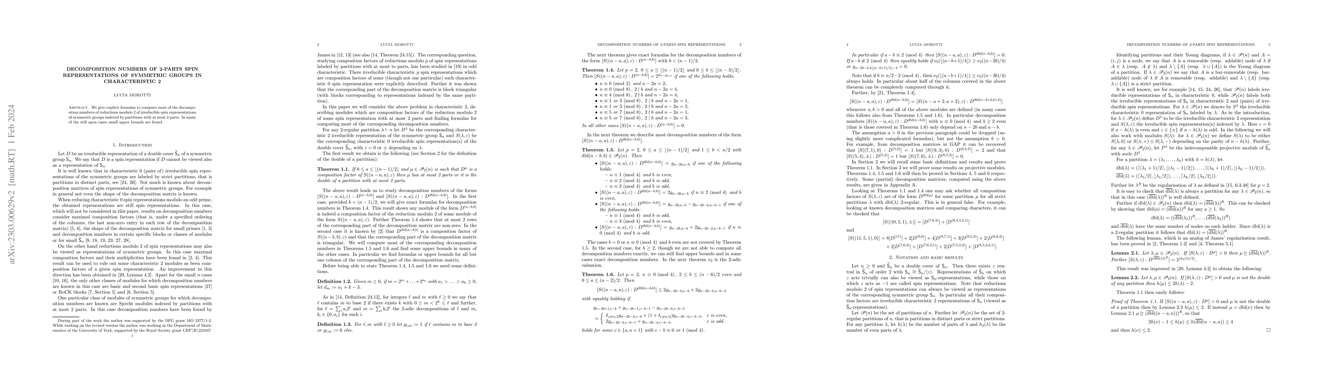 Thumbnail for Decomposition numbers of 2-parts spin representations of symmetric
  groups in characteristic 2