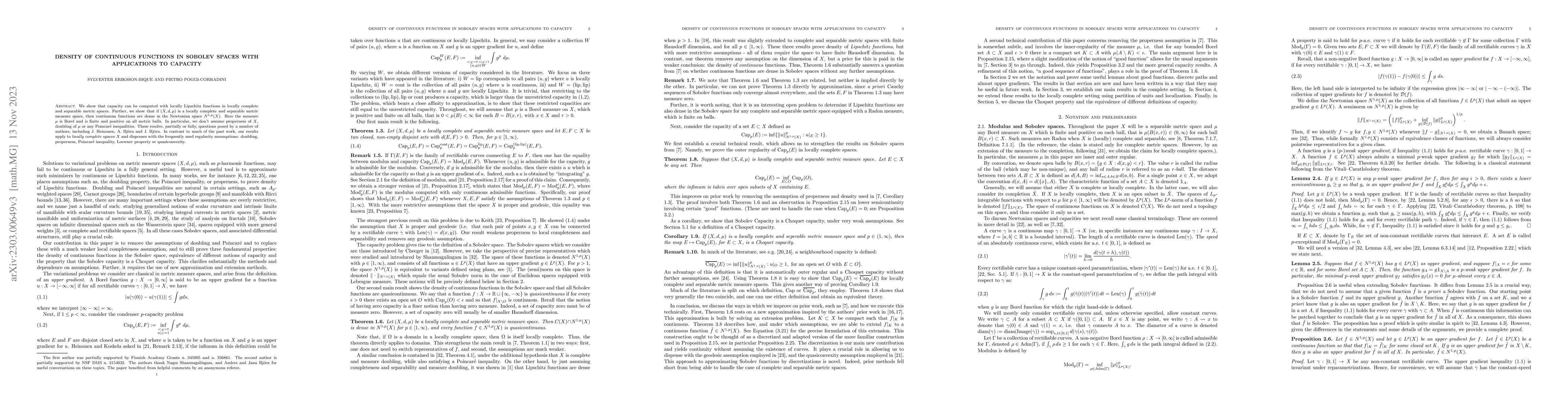 Thumbnail for Density of continuous functions in Sobolev spaces with applications to
  capacity