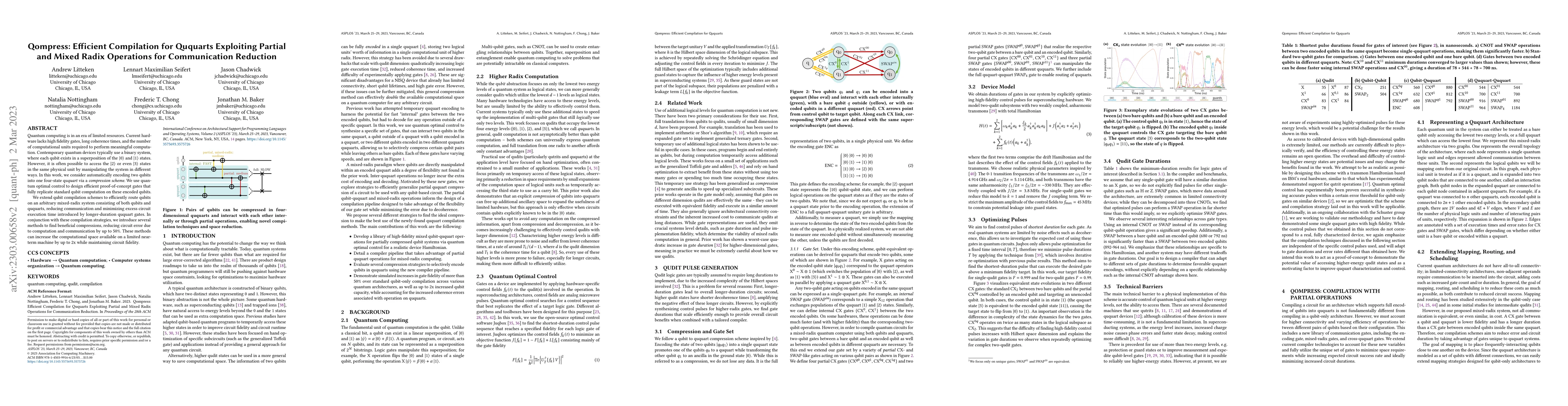 Thumbnail for Qompress: Efficient Compilation for Ququarts Exploiting Partial and
  Mixed Radix Operations for Communication Reduction
