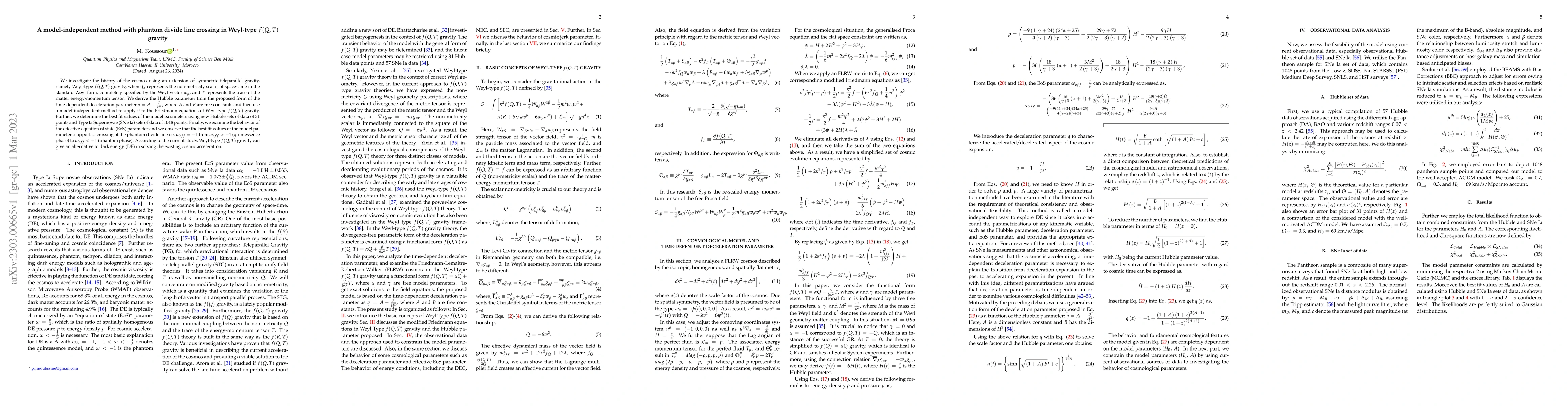 Thumbnail for A model-independent method with phantom divide line crossing in
  Weyl-type $f(Q,T)$ gravity