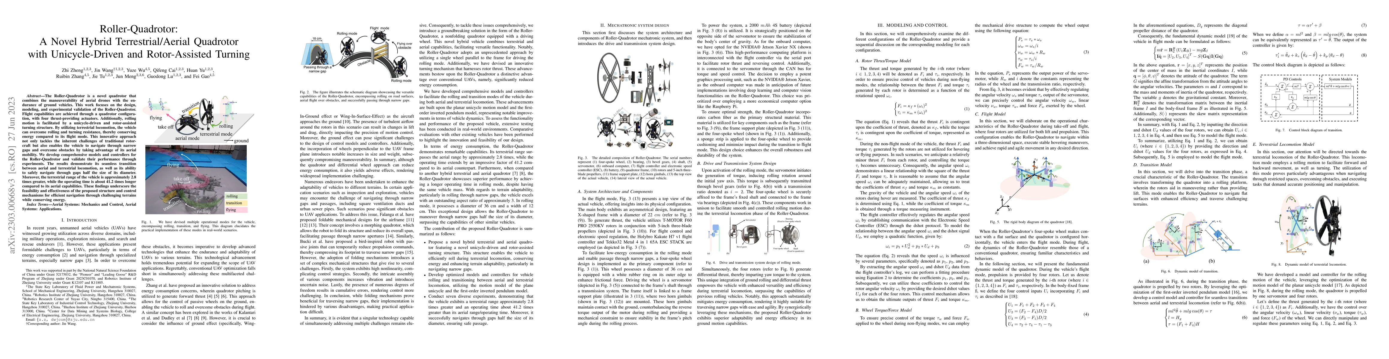 Thumbnail for Roller-Quadrotor: A Novel Hybrid Terrestrial/Aerial Quadrotor with
  Unicycle-Driven and Rotor-Assisted Turning