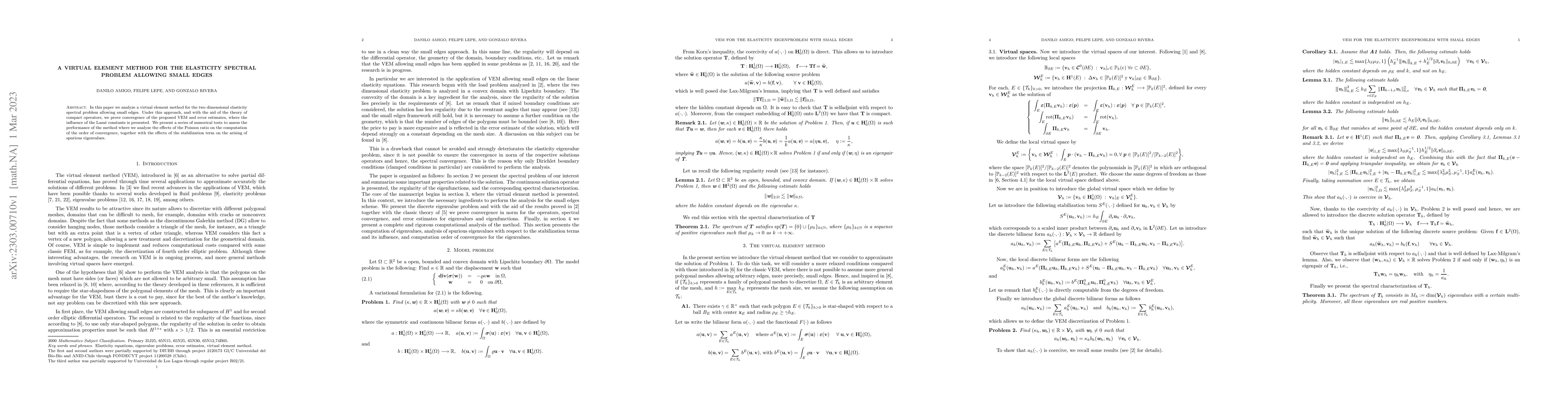 Thumbnail for A virtual element method for the elasticity spectral problem allowing
  small edges