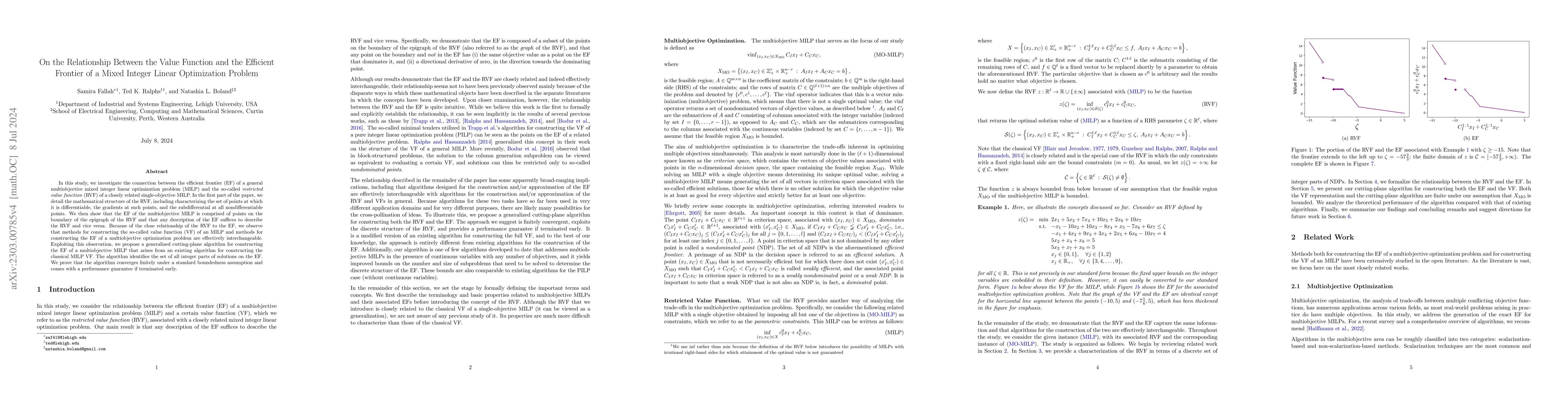 Thumbnail for On the Relationship Between the Value Function and the Efficient
  Frontier of a Mixed Integer Linear Optimization Problem