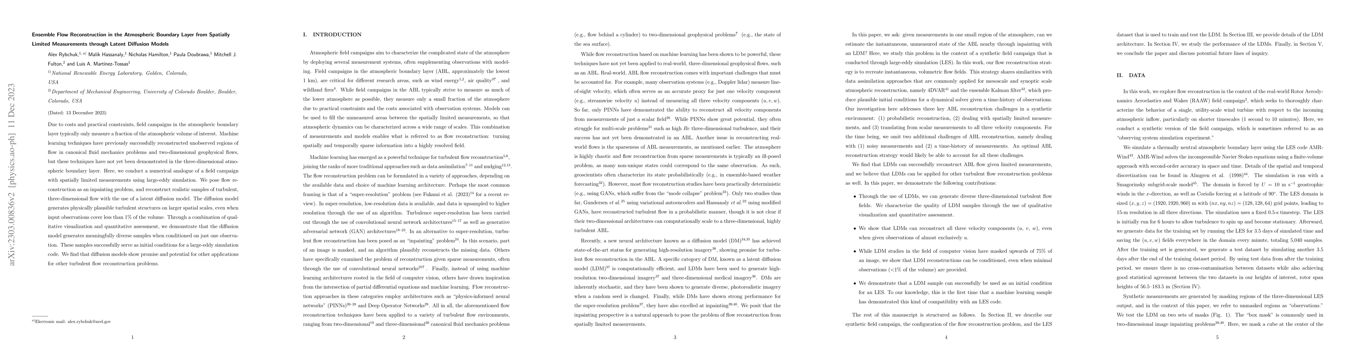 Thumbnail for Ensemble flow reconstruction in the atmospheric boundary layer from
  spatially limited measurements through latent diffusion models