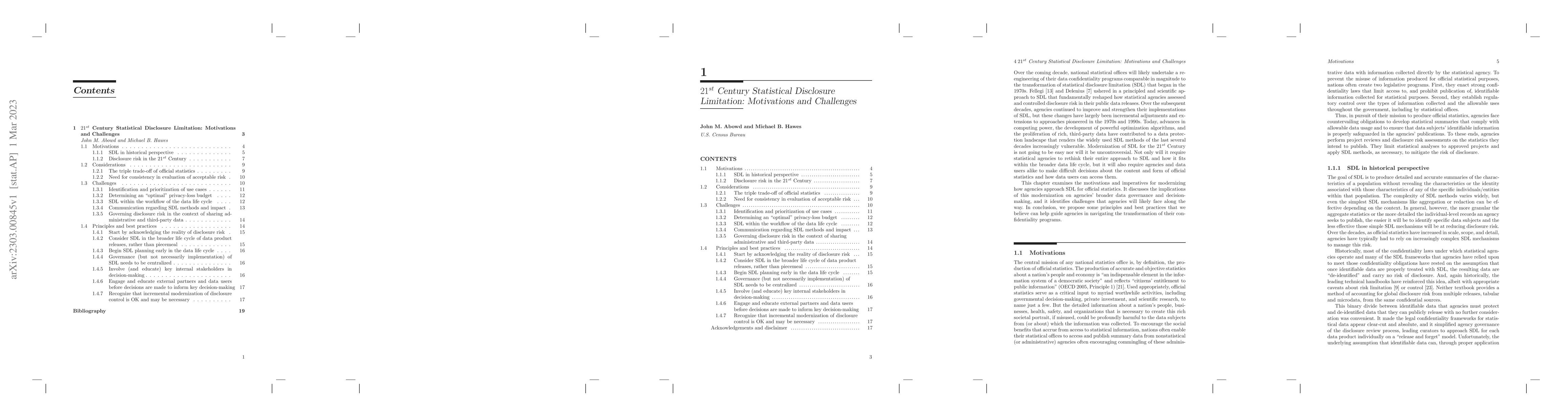 Thumbnail for $21^{st}$ Century Statistical Disclosure Limitation: Motivations and
  Challenges