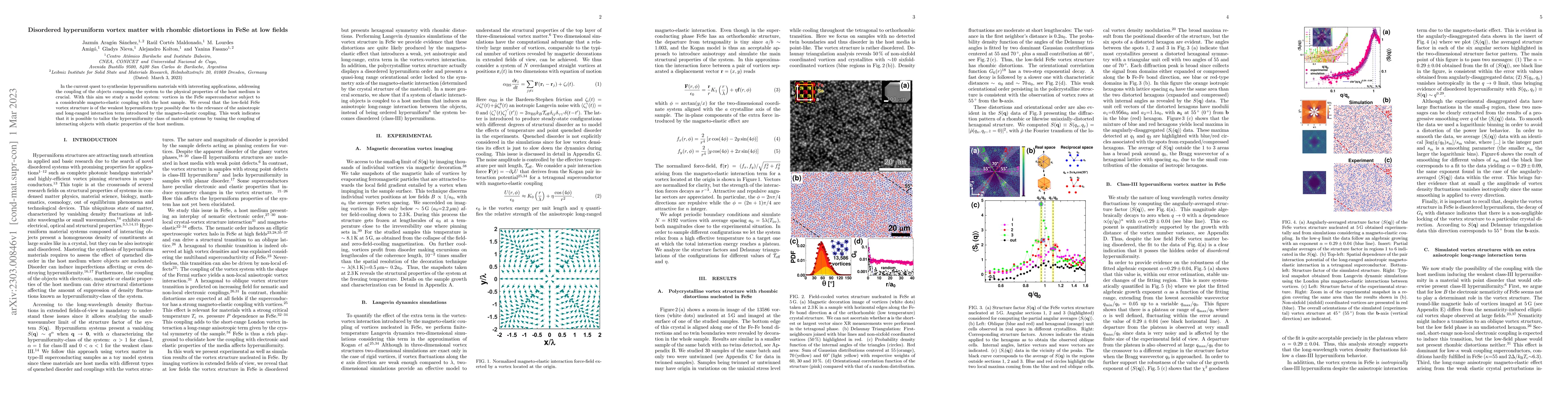 Thumbnail for Disordered hyperuniform vortex matter with rhombic distortions in FeSe
  at low fields