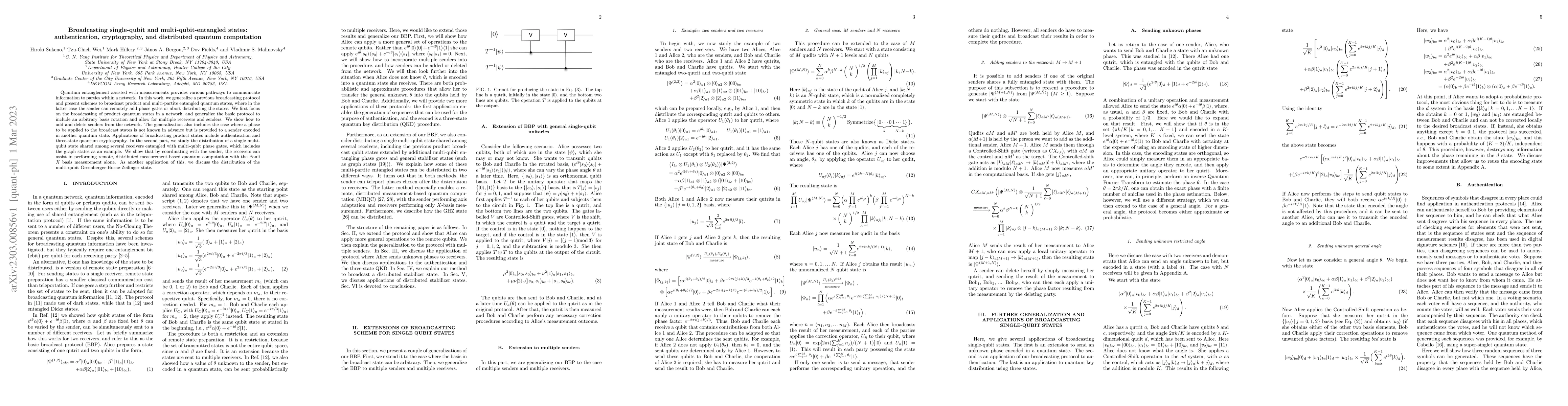 Thumbnail for Broadcasting single-qubit and multi-qubit-entangled states:
  authentication, cryptography, and distributed quantum computation