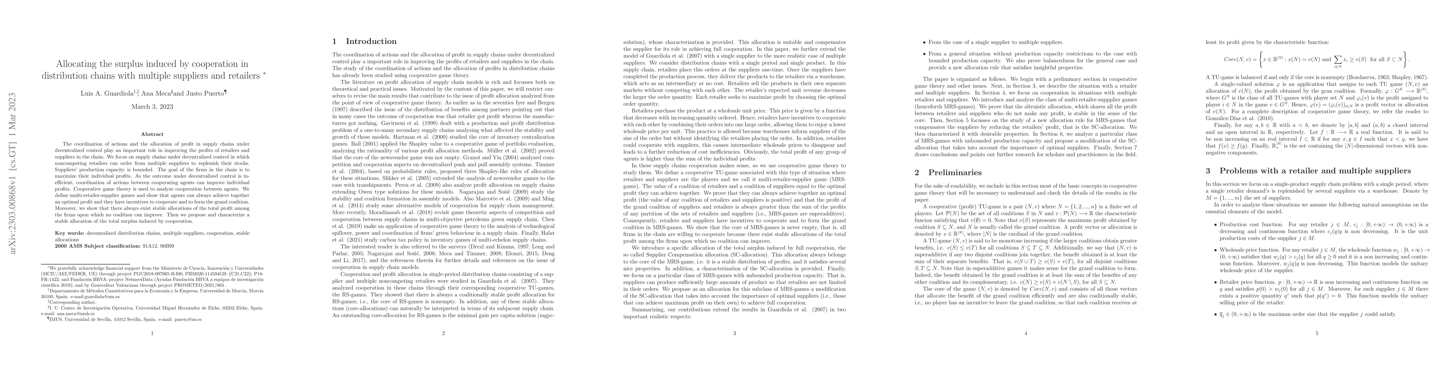 Thumbnail for Allocating the surplus induced by cooperation in distribution chains
  with multiple suppliers and retailers