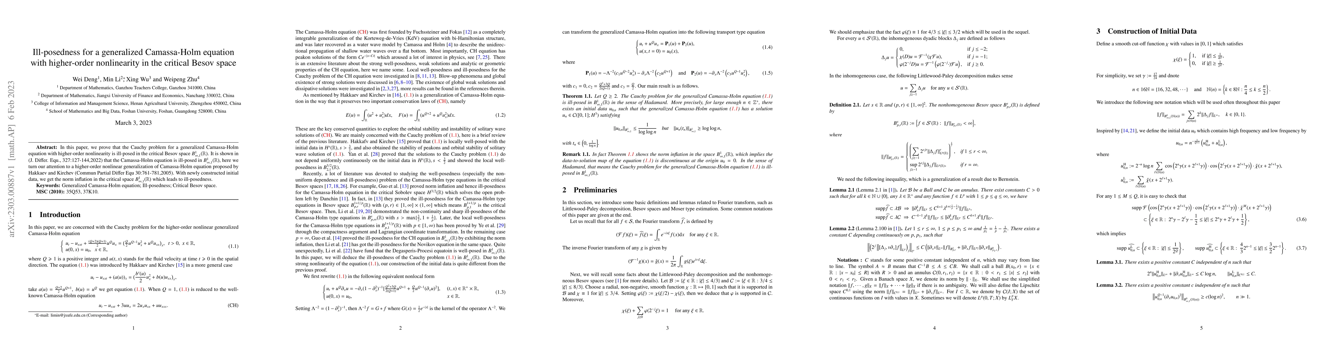 Thumbnail for Ill-posedness for a generalized Camassa-Holm equation with higher-order
  nonlinearity in the critical Besov space