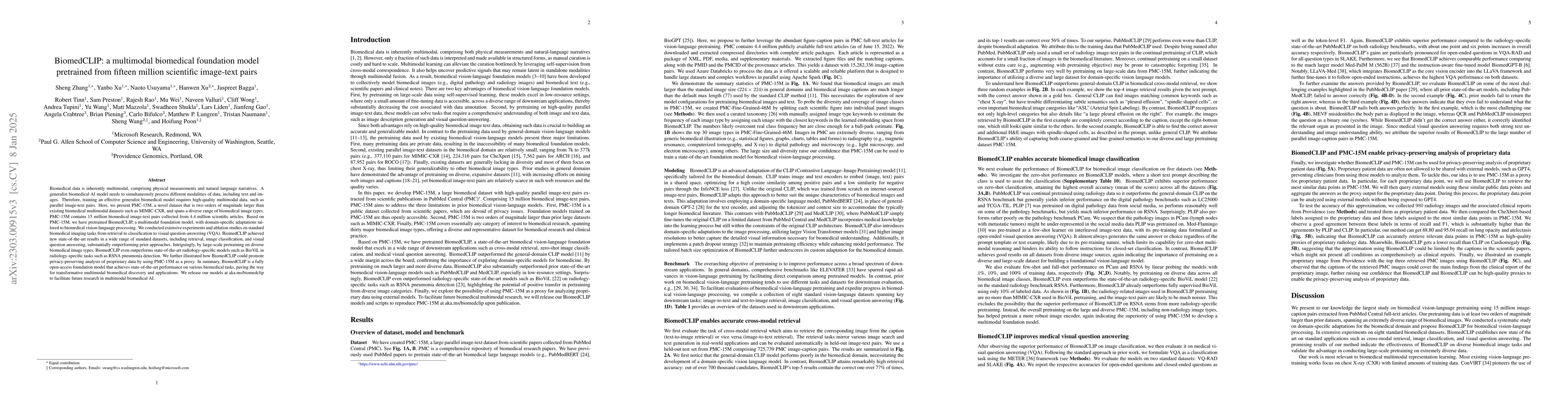 Thumbnail for BiomedCLIP: a multimodal biomedical foundation model pretrained from
  fifteen million scientific image-text pairs