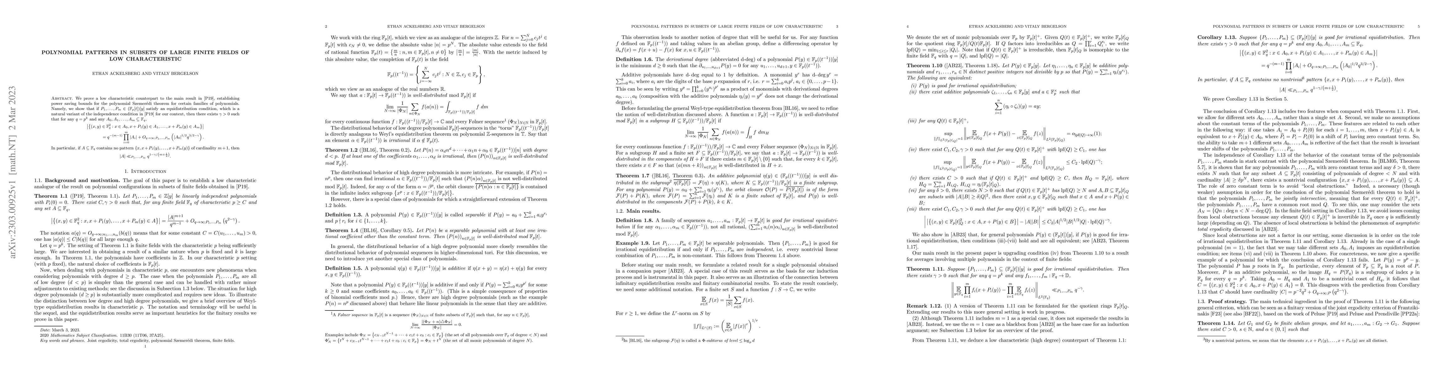 Thumbnail for Polynomial patterns in subsets of large finite fields of low
  characteristic