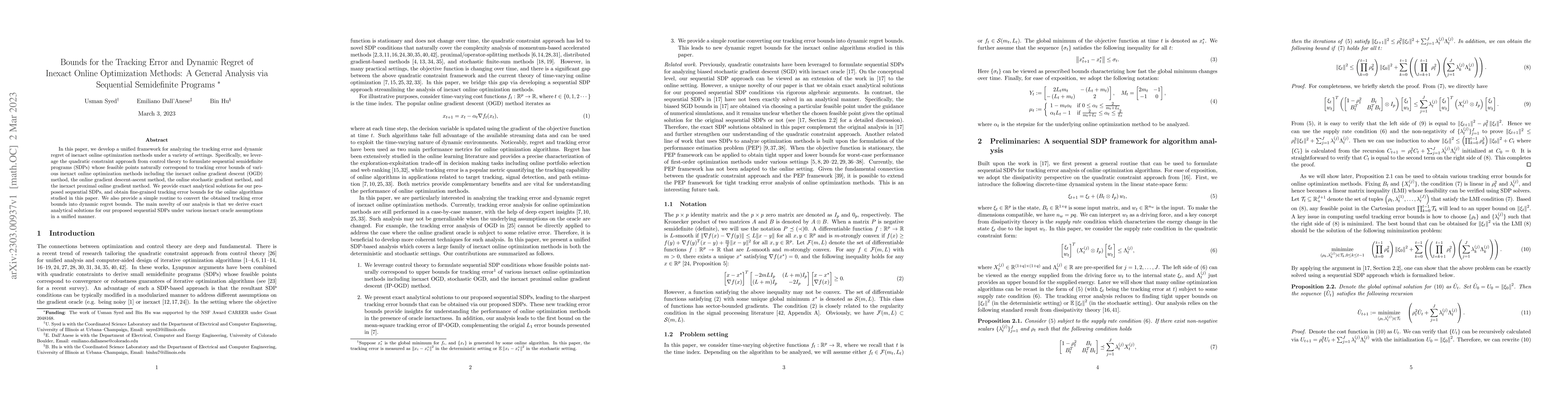 Thumbnail for Bounds for the Tracking Error and Dynamic Regret of Inexact Online
  Optimization Methods: A General Analysis via Sequential Semidefinite Programs