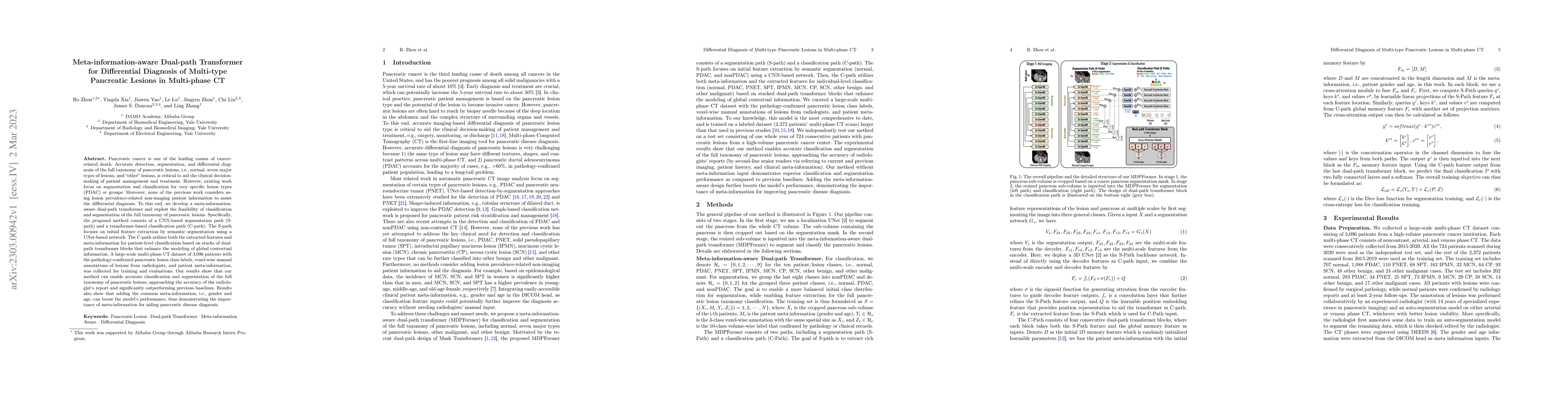 Thumbnail for Meta-information-aware Dual-path Transformer for Differential Diagnosis
  of Multi-type Pancreatic Lesions in Multi-phase CT