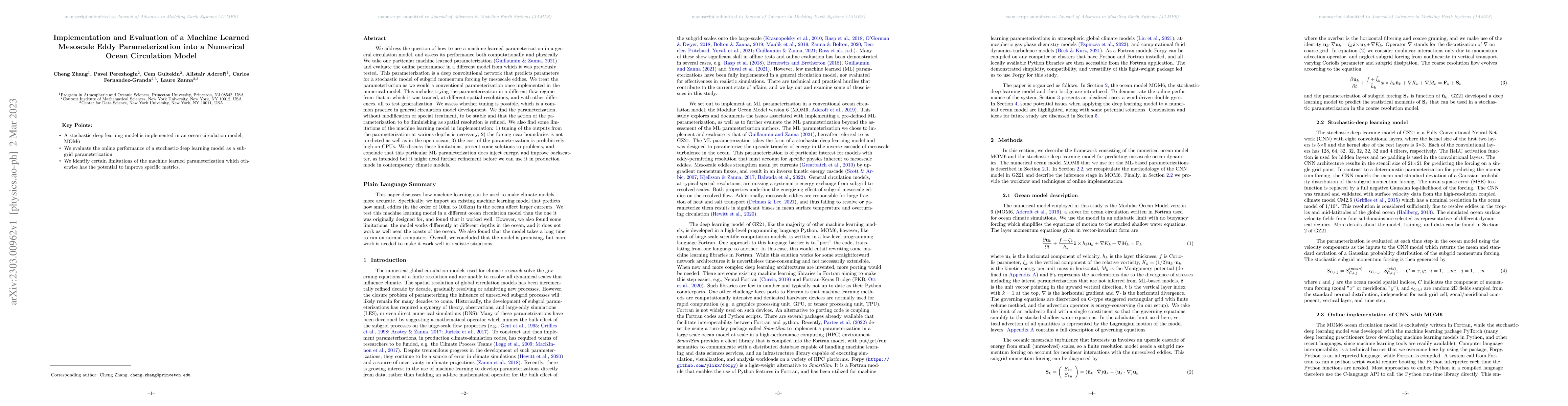 Thumbnail for Implementation and Evaluation of a Machine Learned Mesoscale Eddy
  Parameterization into a Numerical Ocean Circulation Model