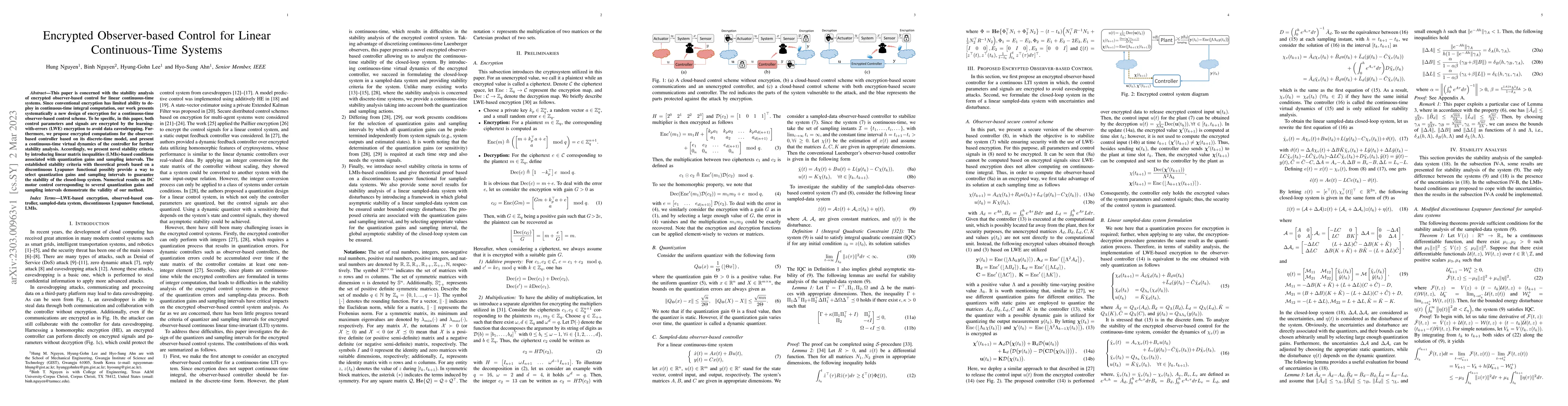 Thumbnail for Encrypted Observer-based Control for Linear Continuous-Time Systems