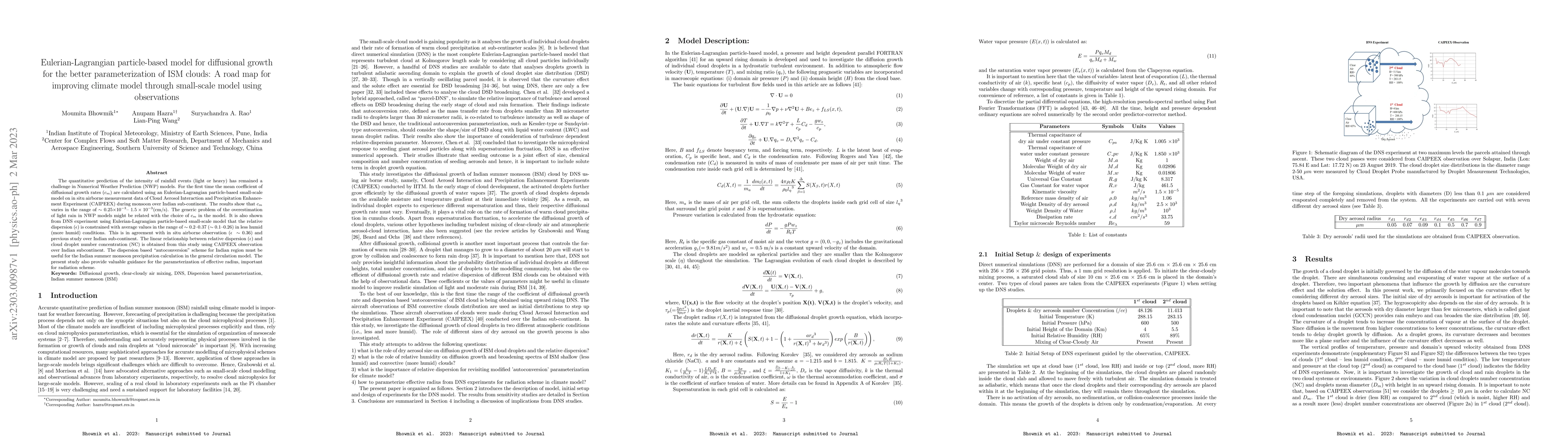 Thumbnail for Eulerian-Lagrangian particle-based model for diffusional growth for the
  better parameterization of ISM clouds: A road map for improving climate model
  through small-scale model using observations
