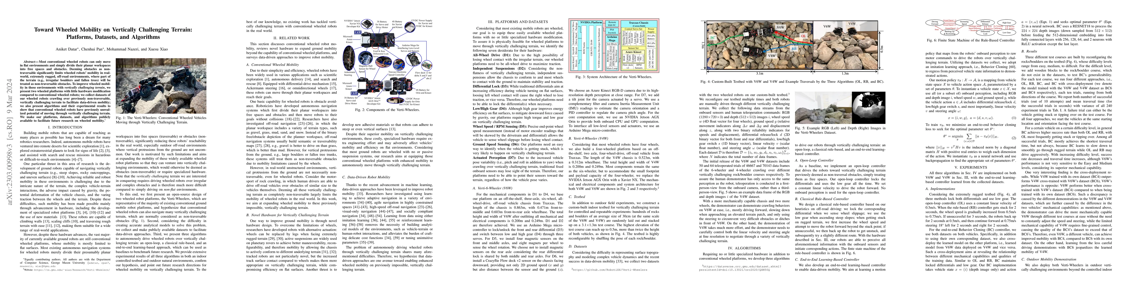 Thumbnail for Toward Wheeled Mobility on Vertically Challenging Terrain: Platforms,
  Datasets, and Algorithms