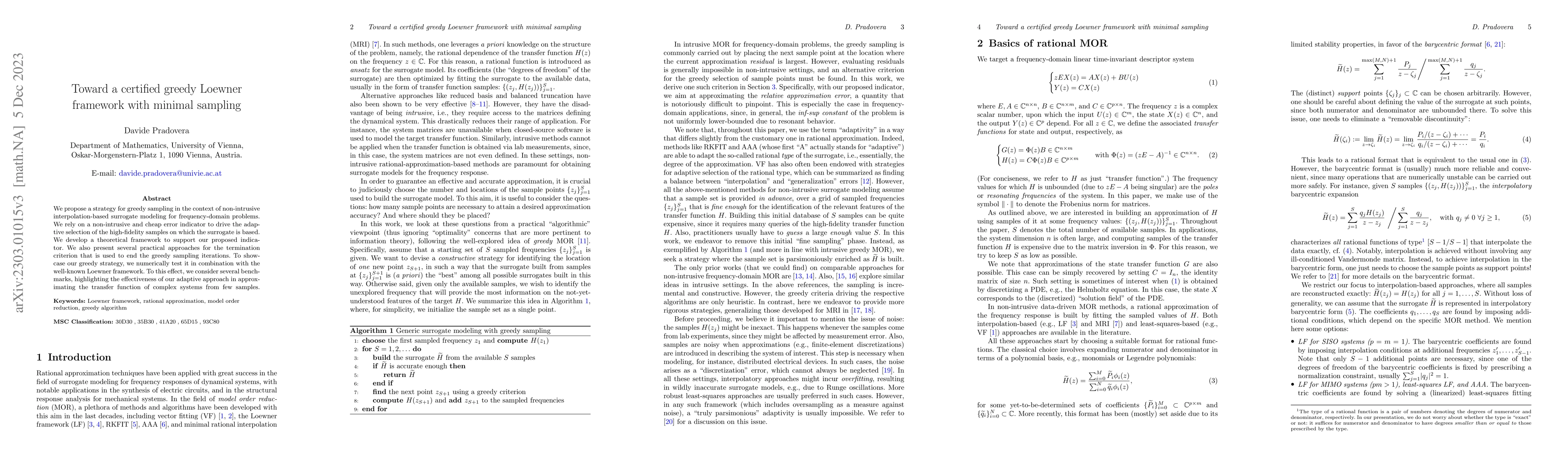 Thumbnail for Toward a certified greedy Loewner framework with minimal sampling