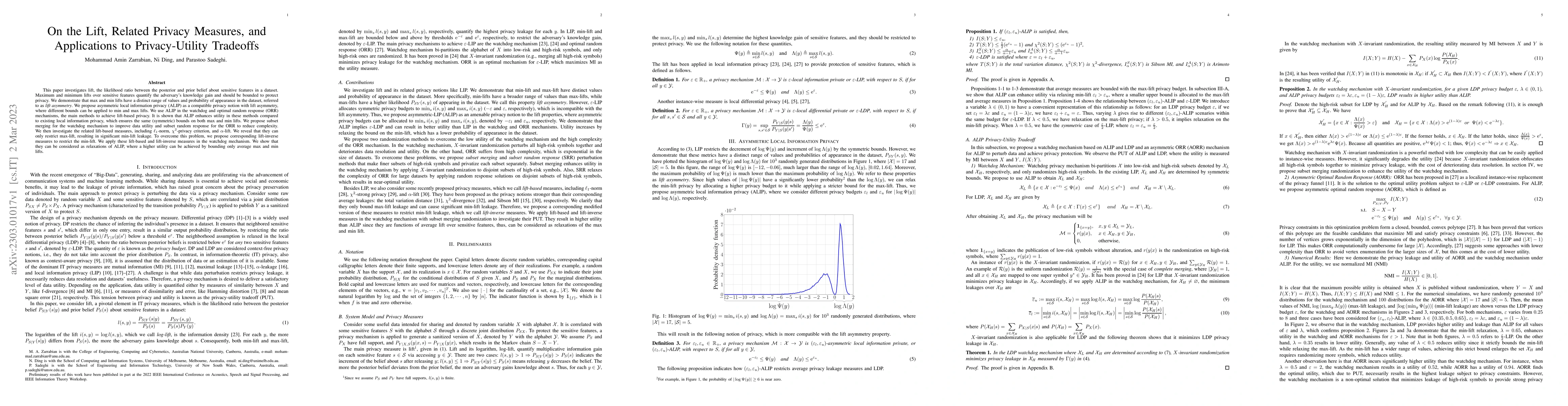 Thumbnail for On the Lift, Related Privacy Measures, and Applications to
  Privacy-Utility Tradeoffs