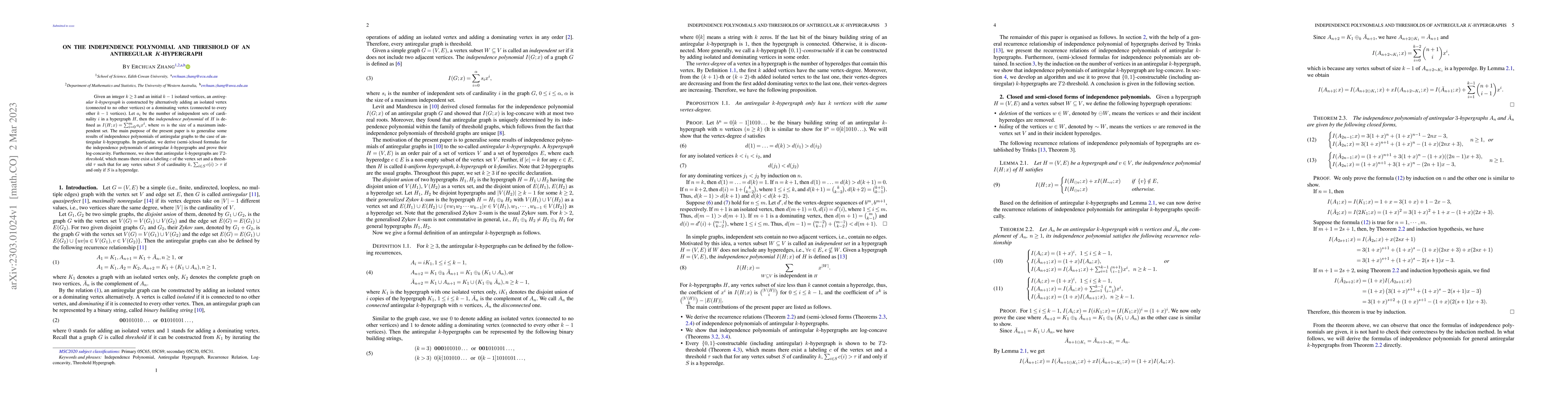 Thumbnail for On the Independence Polynomial and Threshold of an Antiregular
  $k$-Hypergraph