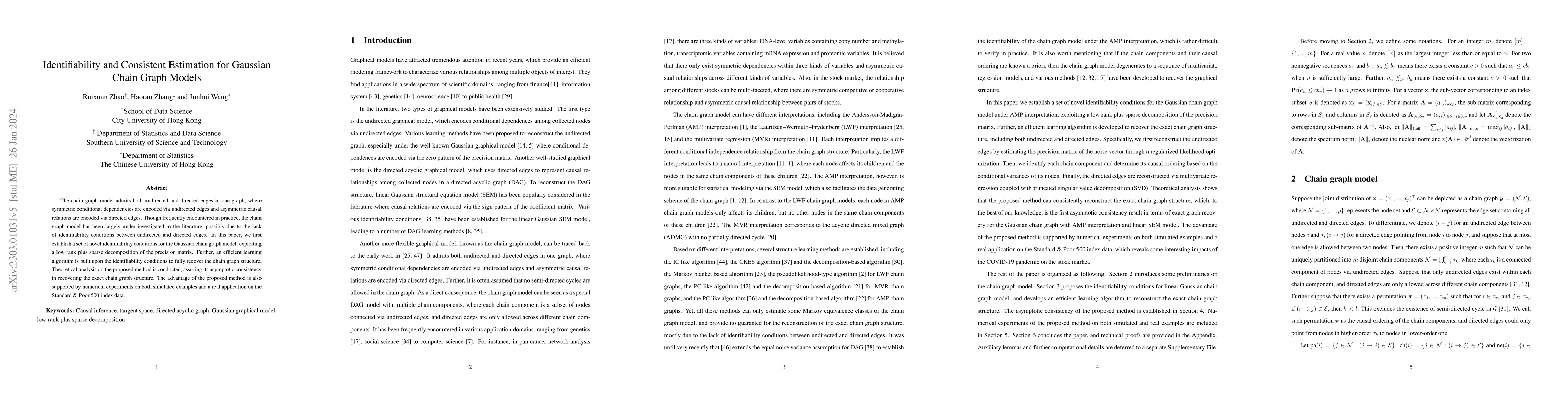 Thumbnail for Identifiability and Consistent Estimation for Gaussian Chain Graph
  Models
