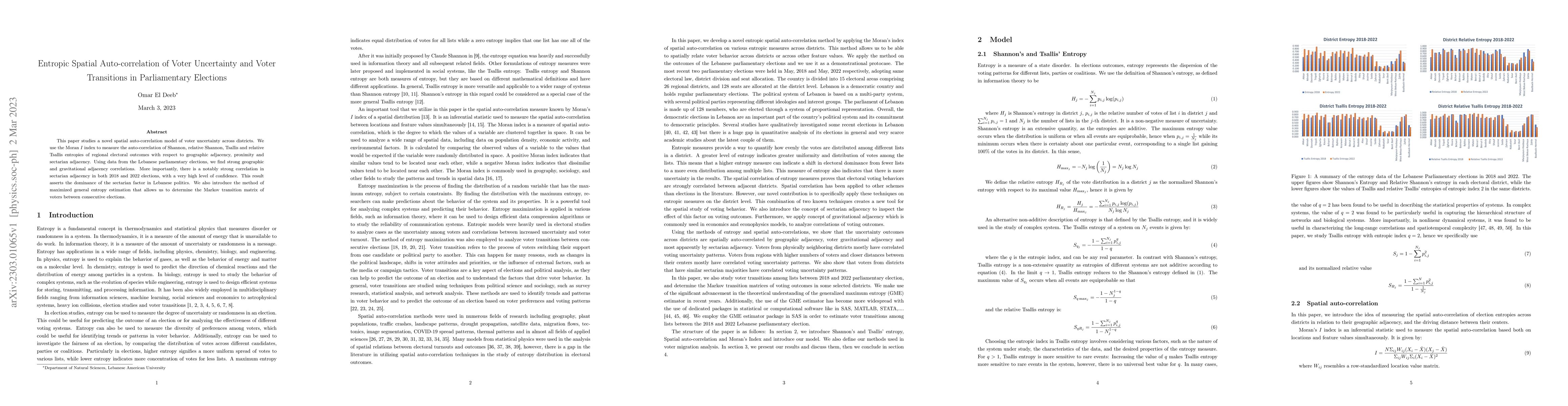 Thumbnail for Entropic Spatial Auto-correlation of Voter Uncertainty and Voter
  Transitions in Parliamentary Elections