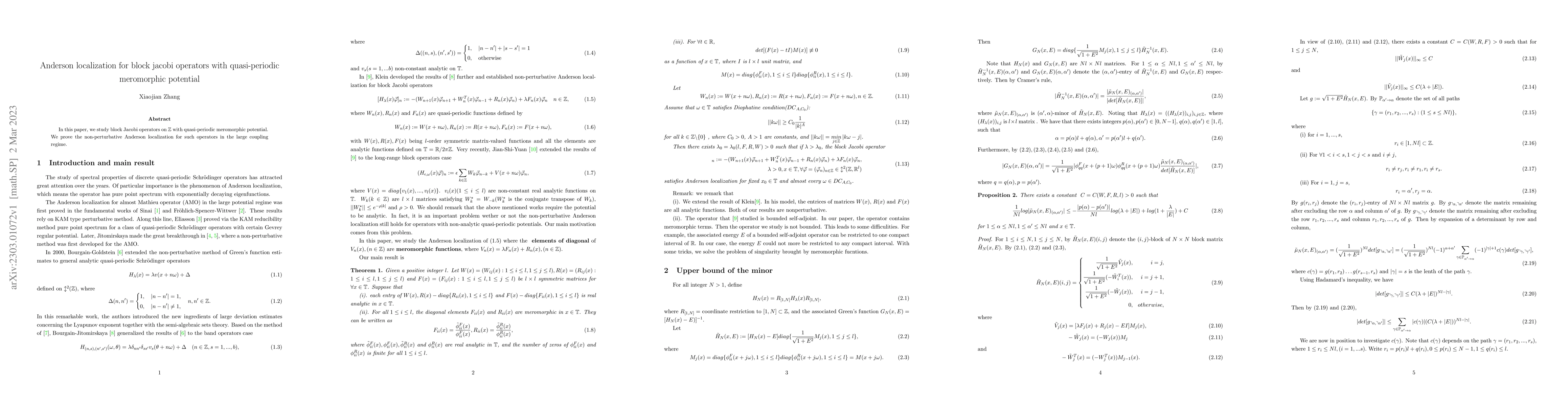 Thumbnail for Anderson localization for block jacobi operators with quasi-periodic
  meromorphic potential