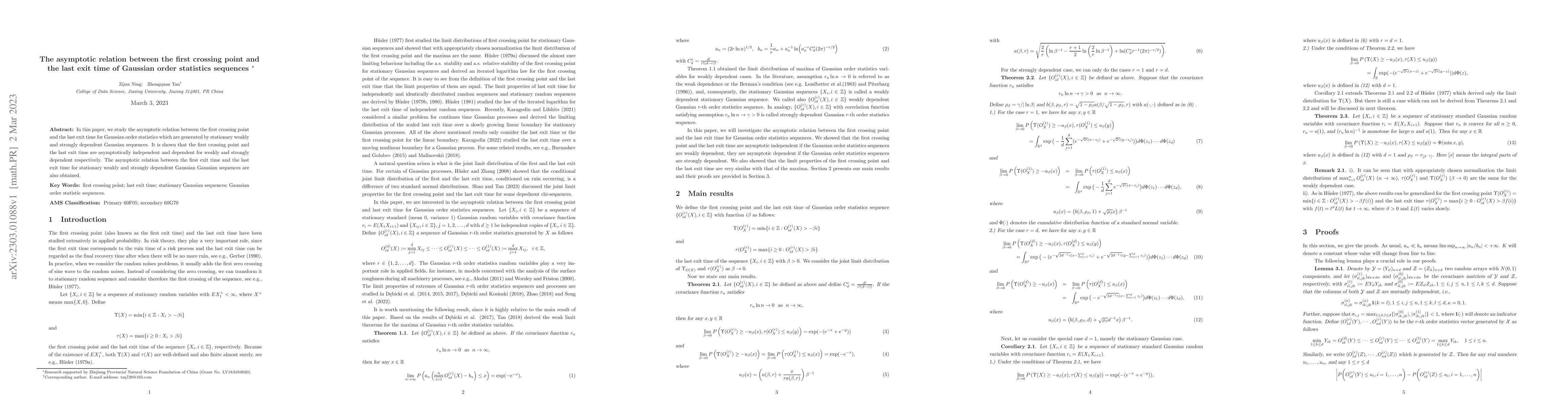 Thumbnail for The asymptotic relation between the first crossing point and the last
  exit time of Gaussian order statistics sequences