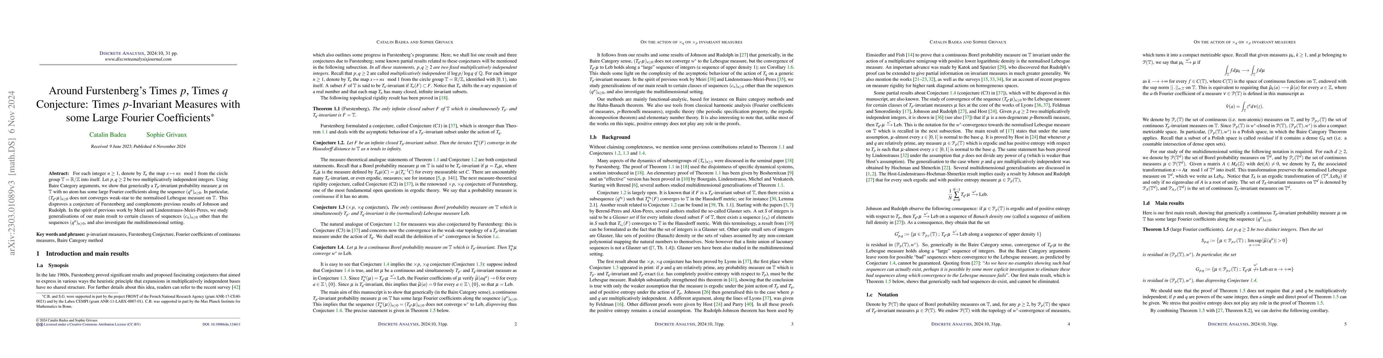 Thumbnail for Around Furstenberg's times $p$, times $q$ conjecture: times
  $p$-invariant measures with some large Fourier coefficients