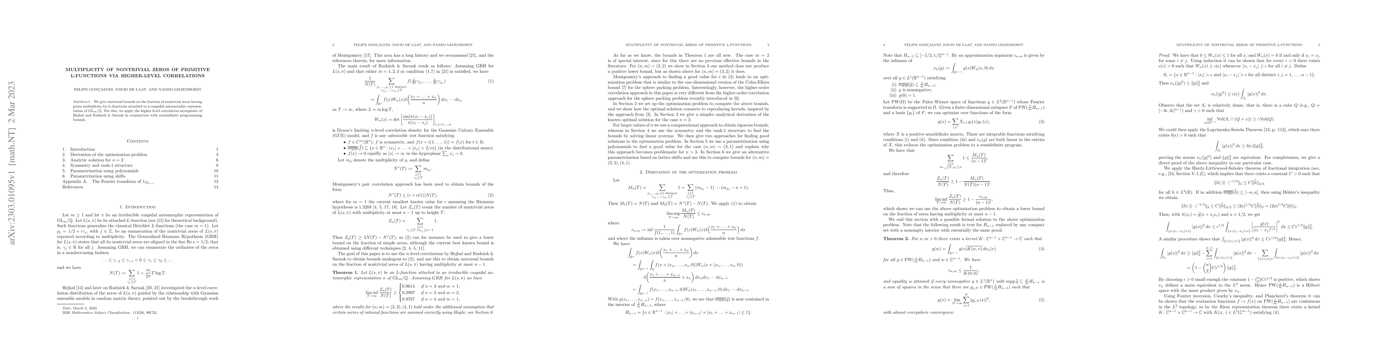 Thumbnail for Multiplicity of nontrivial zeros of primitive L-functions via
  higher-level correlations