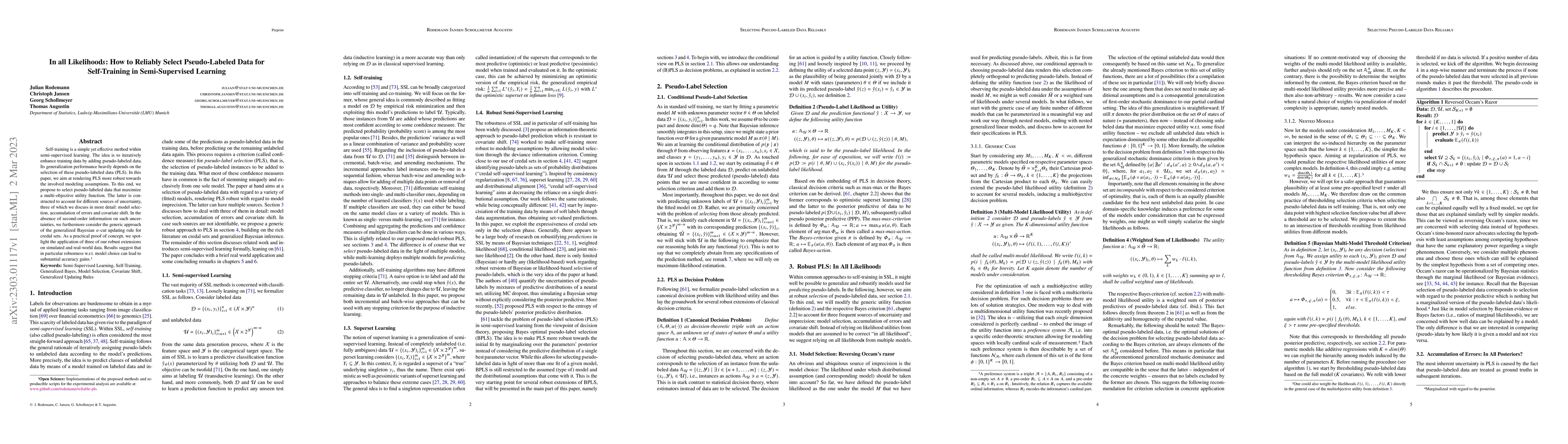 Thumbnail for In all LikelihoodS: How to Reliably Select Pseudo-Labeled Data for
  Self-Training in Semi-Supervised Learning