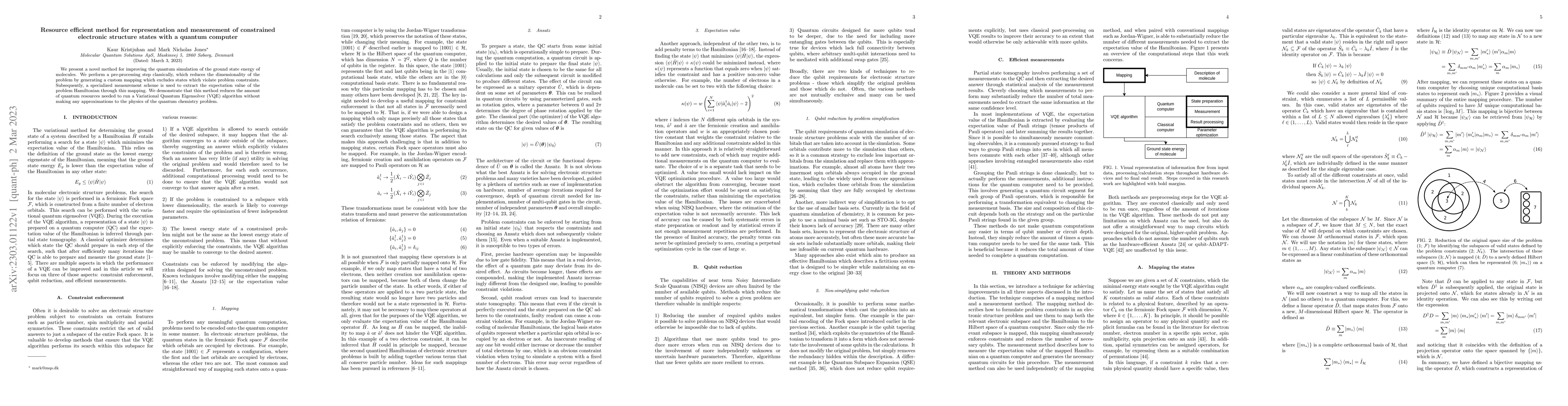 Thumbnail for Resource efficient method for representation and measurement of
  constrained electronic structure states with a quantum computer