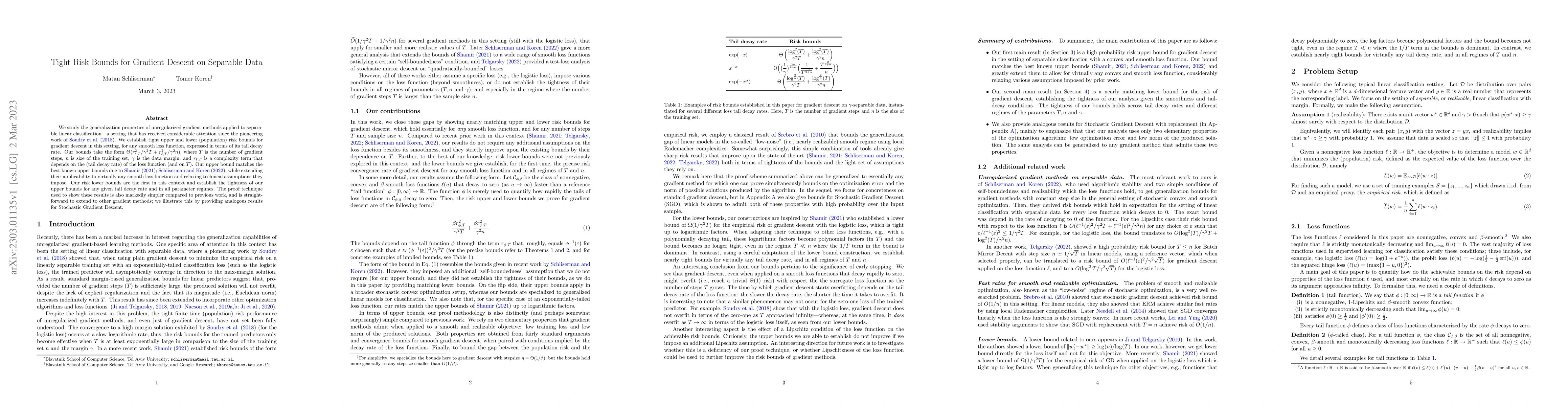Thumbnail for Tight Risk Bounds for Gradient Descent on Separable Data