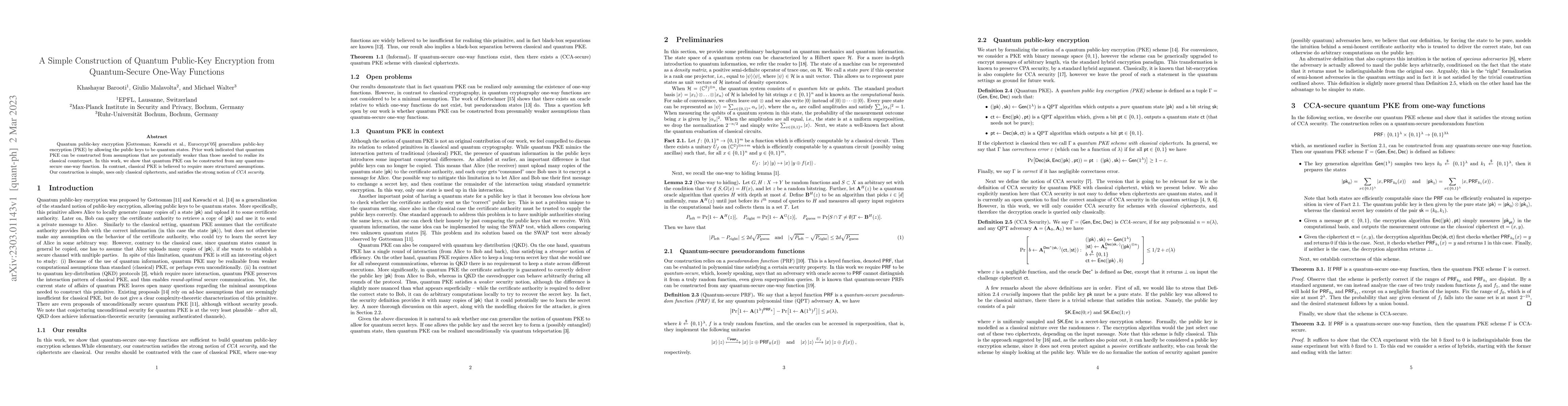 Thumbnail for A Simple Construction of Quantum Public-Key Encryption from
  Quantum-Secure One-Way Functions