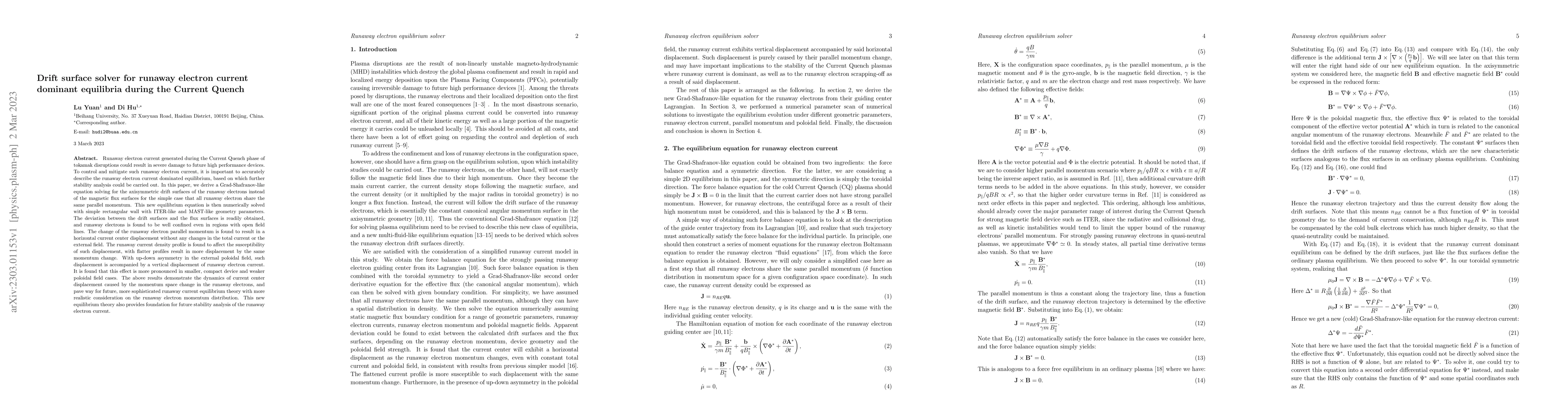 Thumbnail for Drift surface solver for runaway electron current dominant equilibria
  during the Current Quench