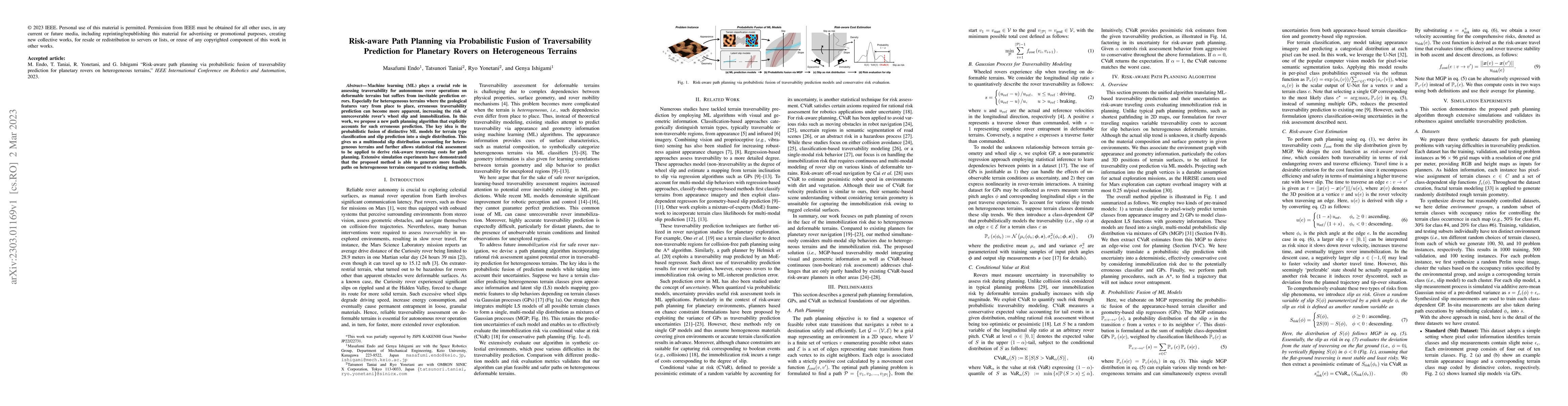 Thumbnail for Risk-aware Path Planning via Probabilistic Fusion of Traversability
  Prediction for Planetary Rovers on Heterogeneous Terrains