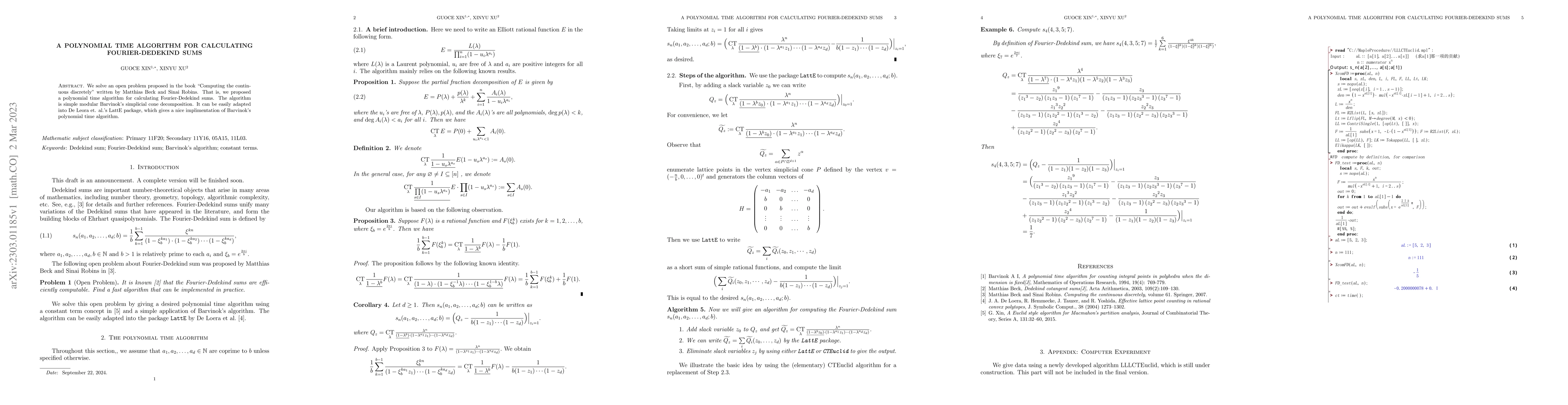 Thumbnail for A polynomial time algorithm for calculating Fourier-Dedekind sums