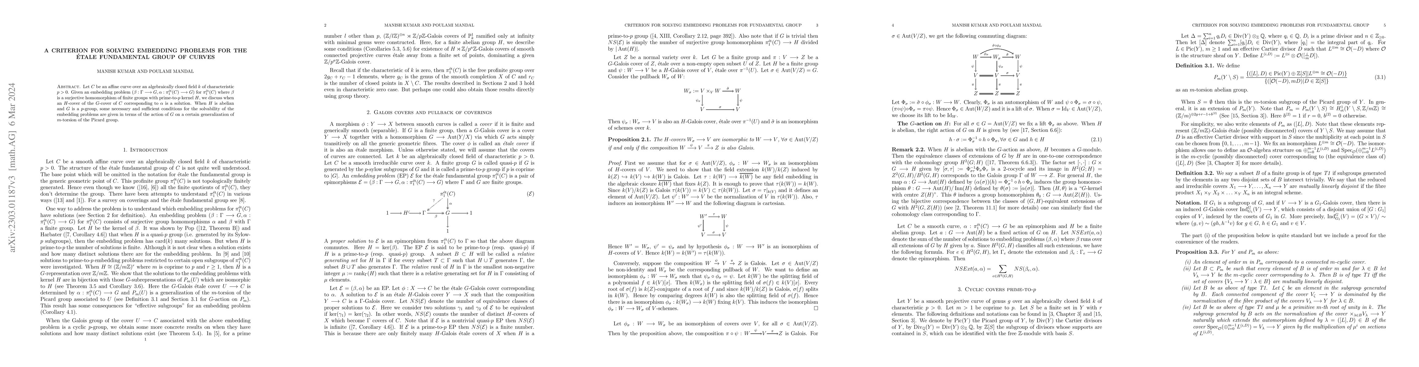 Thumbnail for A criterion for solving embedding problems for the etale fundamental
  group of curves