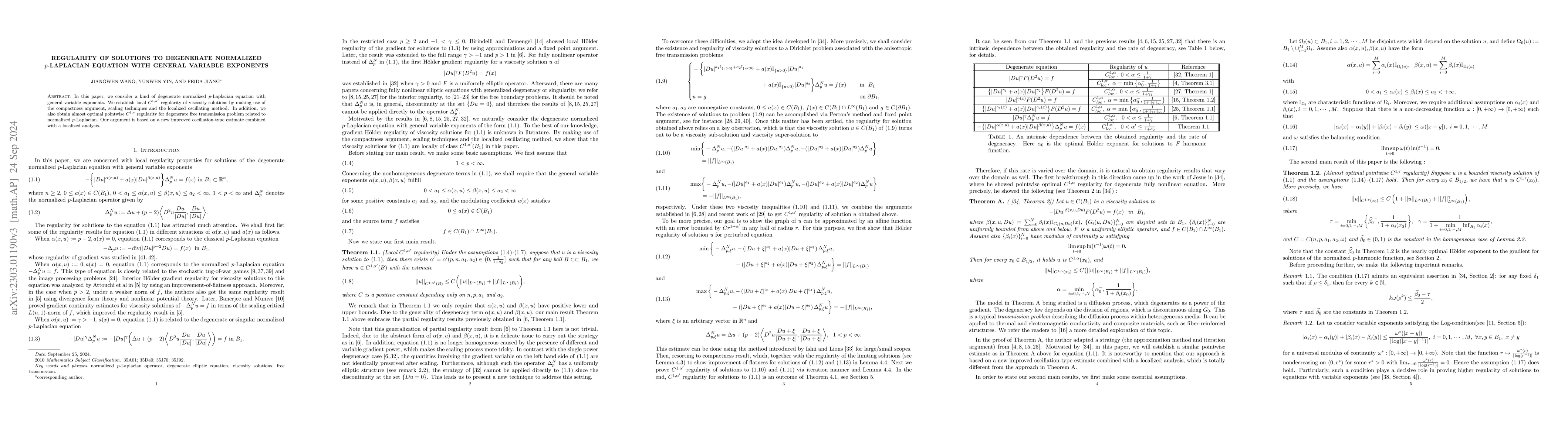 Thumbnail for Regularity of solutions to degenerate normalized $p$-Laplacian equation
  with variable exponents