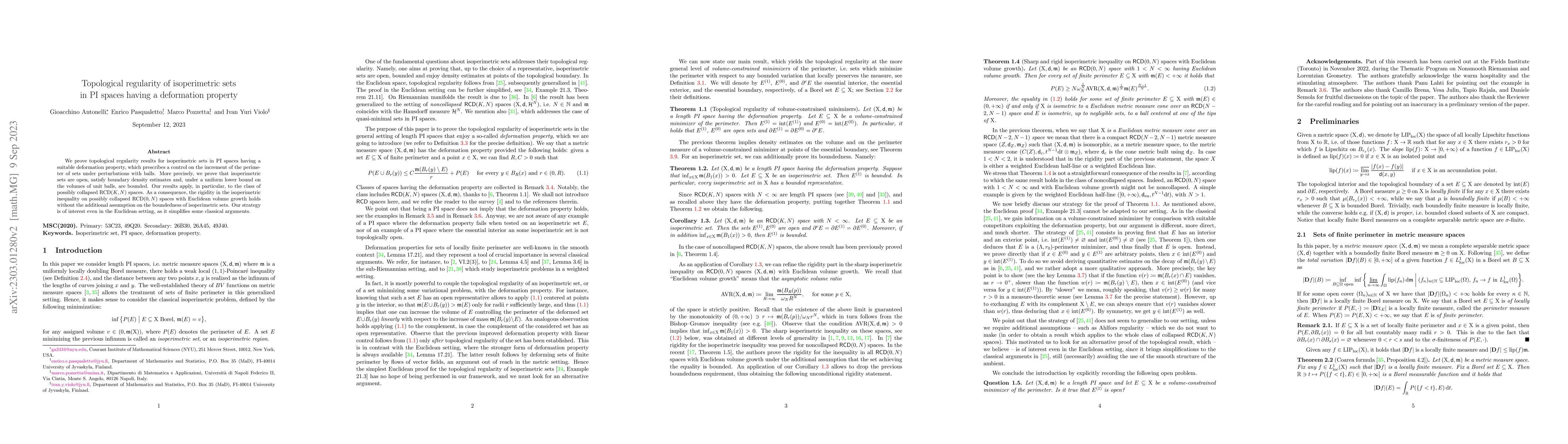 Thumbnail for Topological regularity of isoperimetric sets in PI spaces having a
  deformation property