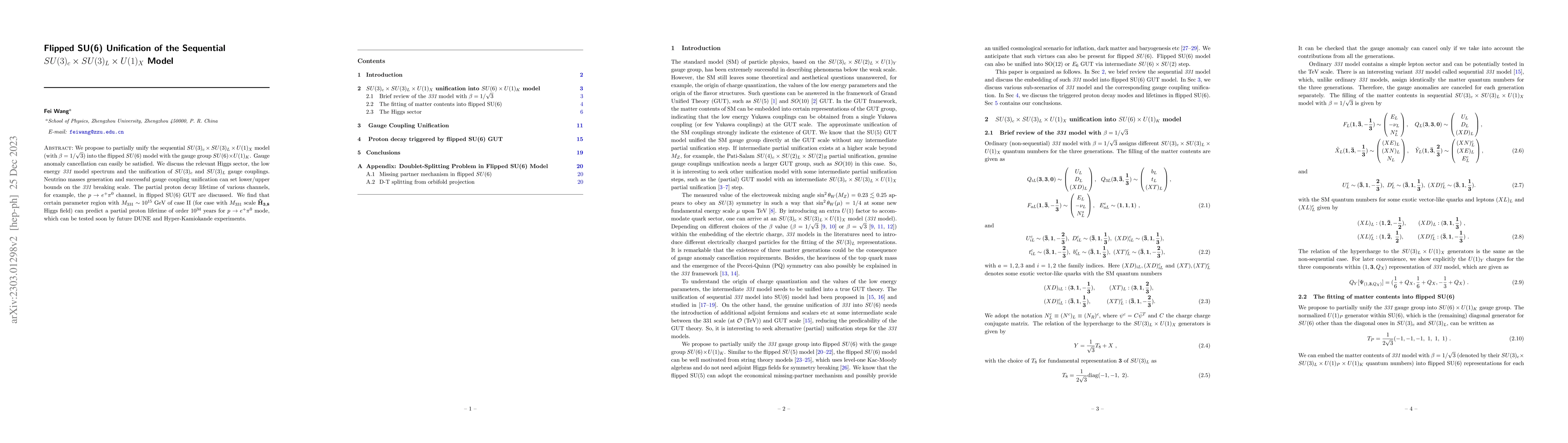 Thumbnail for Flipped SU(6) Unification of the $SU(3)_c\times SU(3)_L\times U(1)_X$
  Model