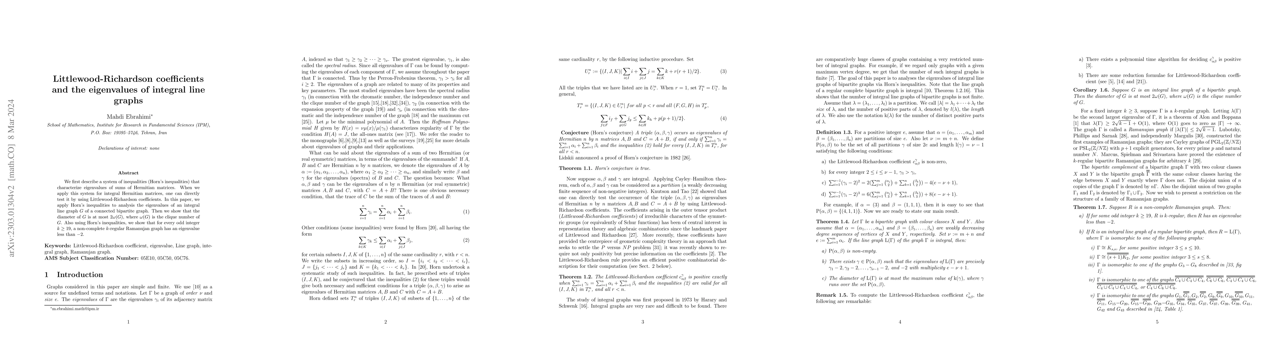 Thumbnail for Littlewood-Richardson coefficients and the eigenvalues of integral line
  graphs