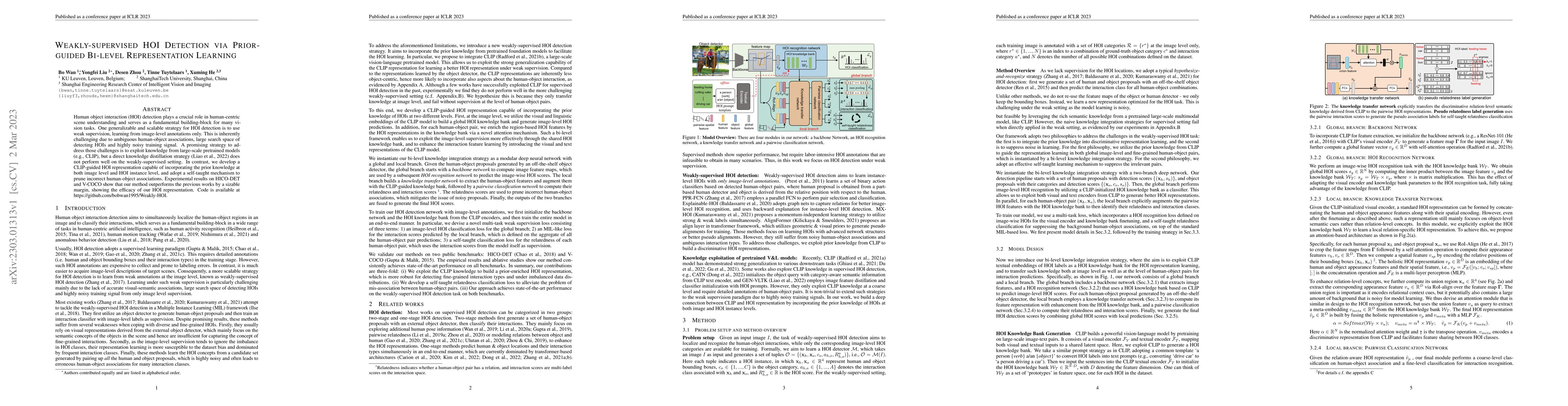 Thumbnail for Weakly-supervised HOI Detection via Prior-guided Bi-level Representation
  Learning