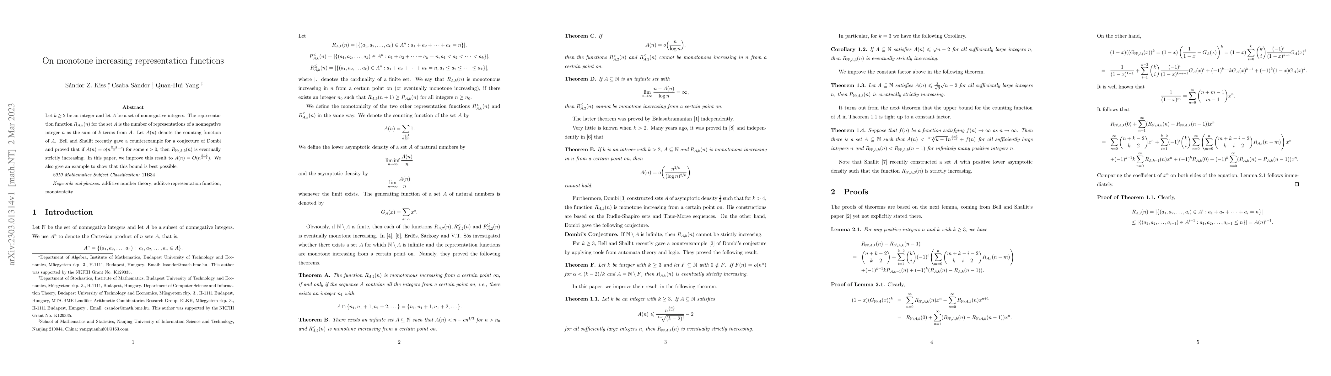Thumbnail for On monotone increasing representation functions